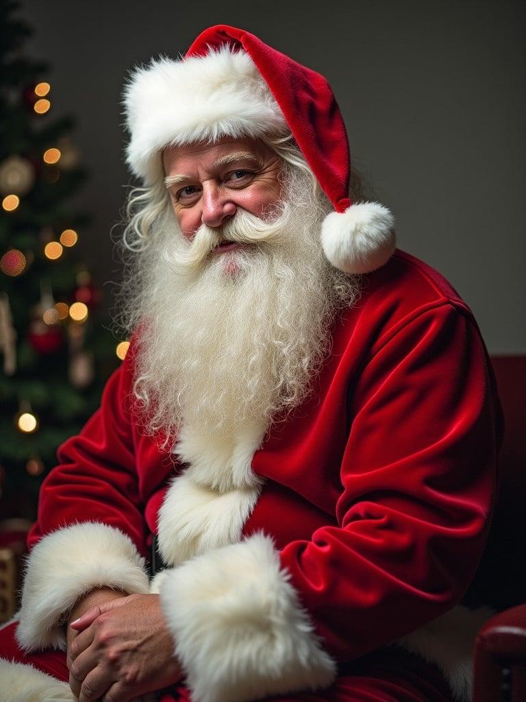 Santa Claus sits in a cozy environment. Festive Christmas tree decorates the background. A warm and cheerful atmosphere prevails likely meant for holiday greetings.