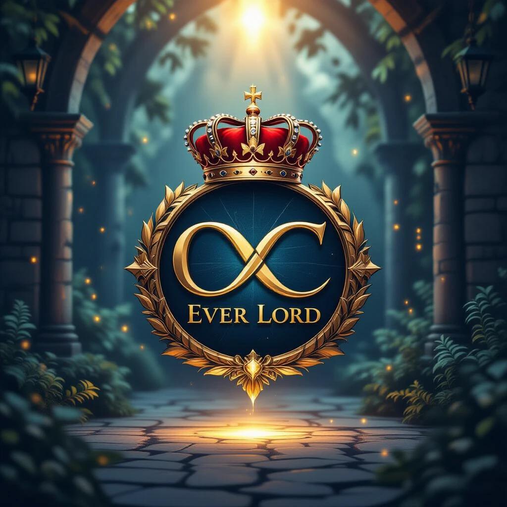 Logo design for Ever Lord. Features a royal crown. Incorporates the infinity symbol. Background has ethereal light. Uses medieval-style fonts.