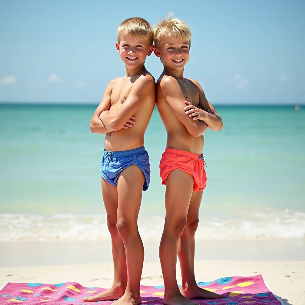 Portrait of two boys standing back to back. They smile at the camera. They are shirtless wearing speedo swim suits. Feet on a colorful beach towel. Background shows a beach and ocean.