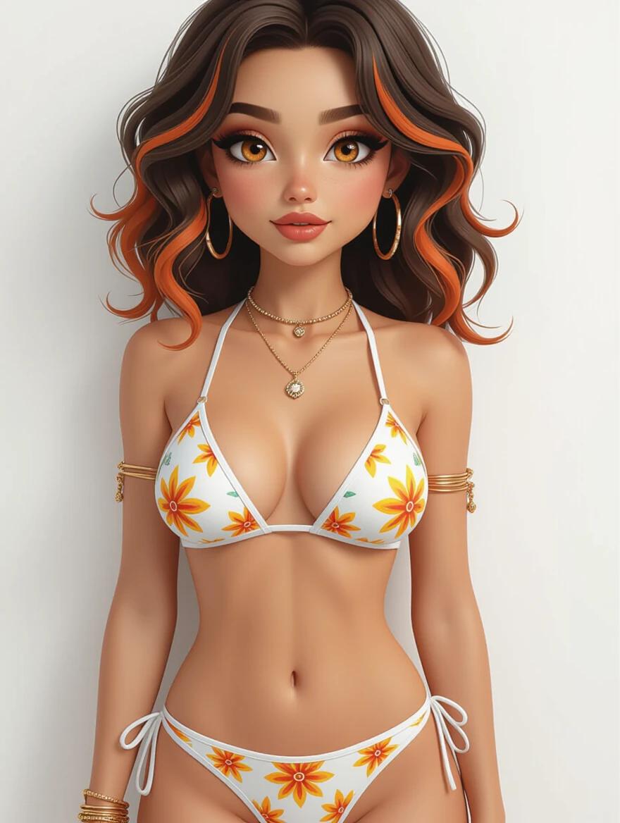 Portrait of a person with medium brown hair and orange highlights in a bikini. The setting is simple with a white background. The person has orange eyes and jewelry. High-quality digital rendering displays detailed features.