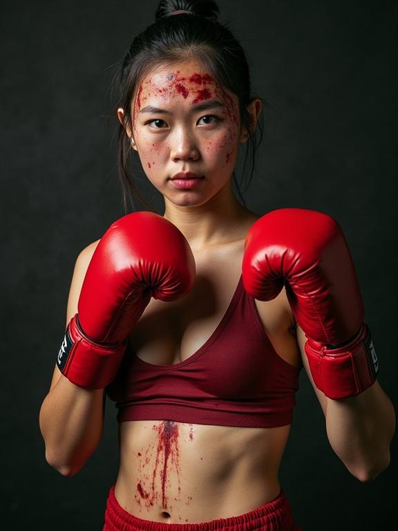 Young skinny female Thai boxer holding her guard. Heavy bruises on body. Bloodstreams on face.