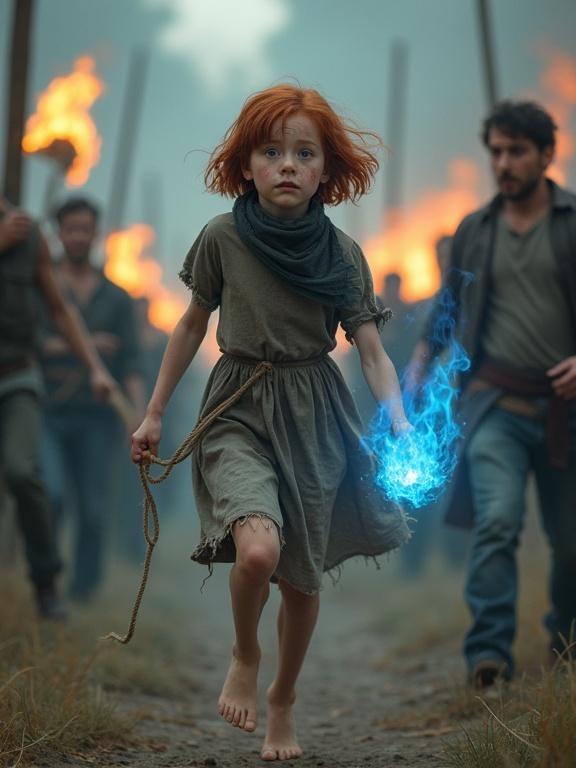 A scene of a young woman with short red hair running barefoot. She has blue flames in her hands. She wears a tattered dress and disappears from a burning structure. People with torches and pitchforks pursue her. The background is on fire, and she looks frightened but determined. This is a full body shot with a fantasy aesthetic.