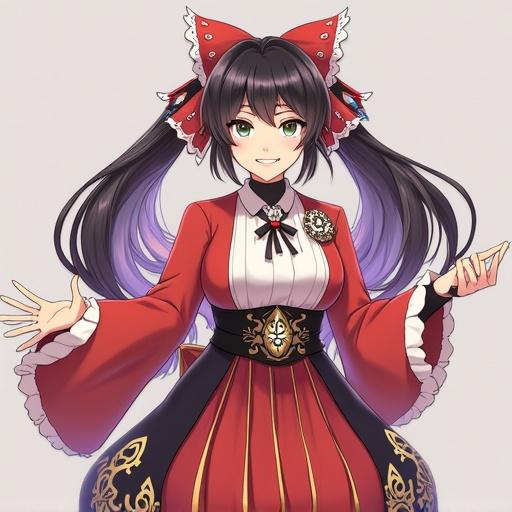 Female character with long black hair and purple highlights. Wearing a traditional red costume with white sleeves and a black skirt. Has large red hair accessories. Friendly pose with hands gesturing.