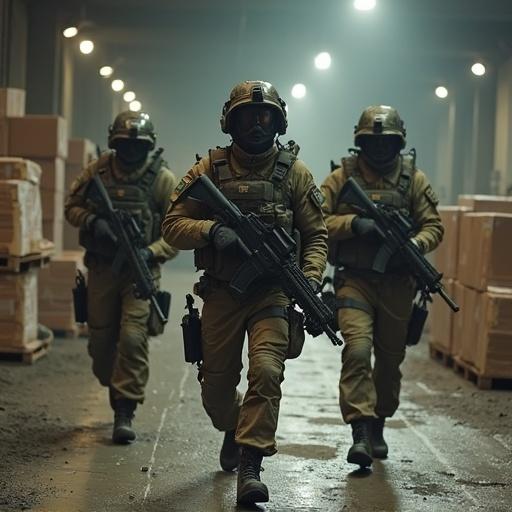 Three soldiers in dirty modern combat gear walk through a dimly lit warehouse. They carry rifles and wear tactical helmets and vests. The background shows stacked crates and scattered debris on the floor.