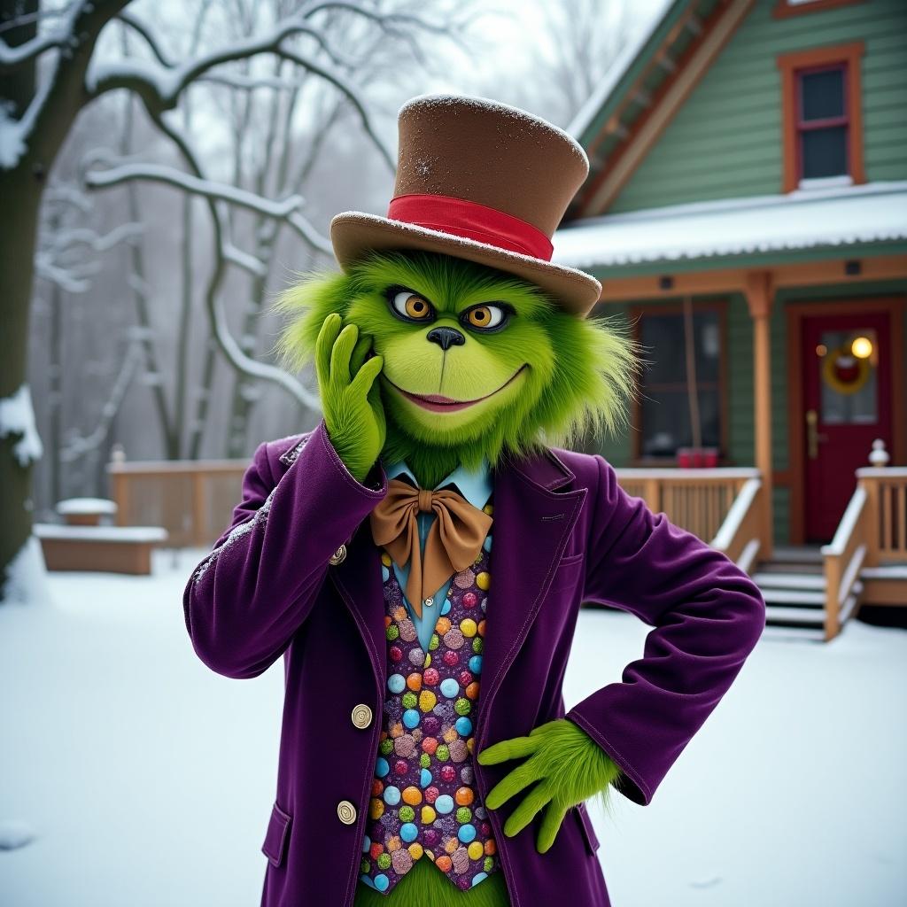 The Grinch wears a Willy Wonka suit in a snowy setting. Green skin and playful demeanor. Cozy house with candy in the background.