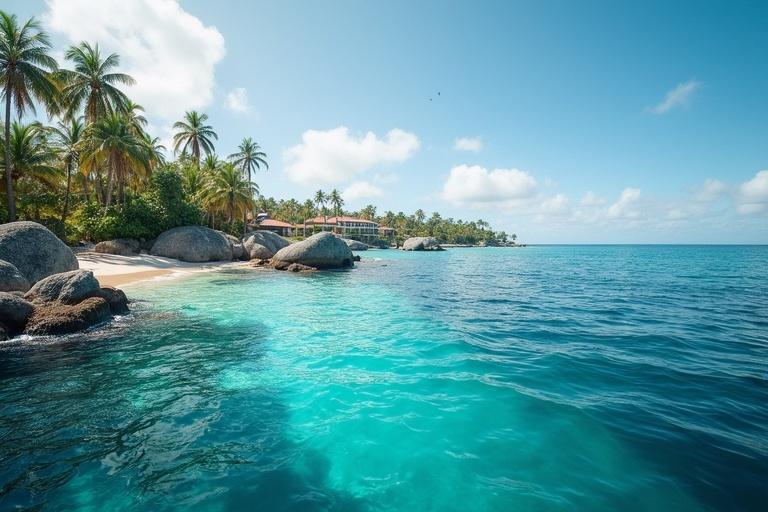 Palm trees line a beach near a clear turquoise ocean water. Large smooth rocks are scattered on the sandy shore. A bright blue sky with a few fluffy clouds enhances the serene scene.