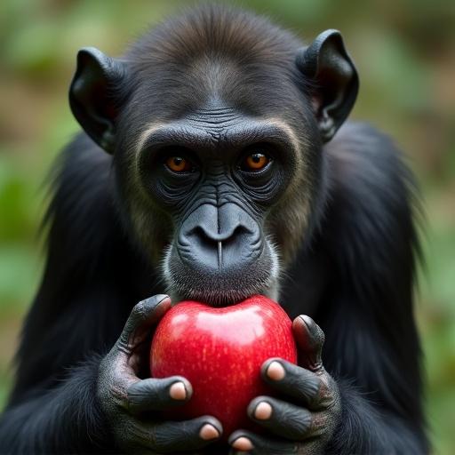 An ape holds a red apple in its hands. The apple is prominent in the foreground. The background is blurred with natural greenery. The ape looks curious and focused on the apple.