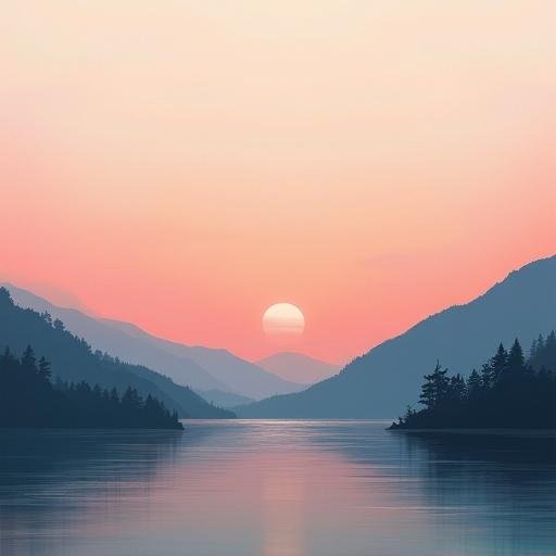 Minimalist landscape painting with a smooth and harmonious feel. Features a sunset over calm water with a soft color palette. Restricted use of colors for tranquility.