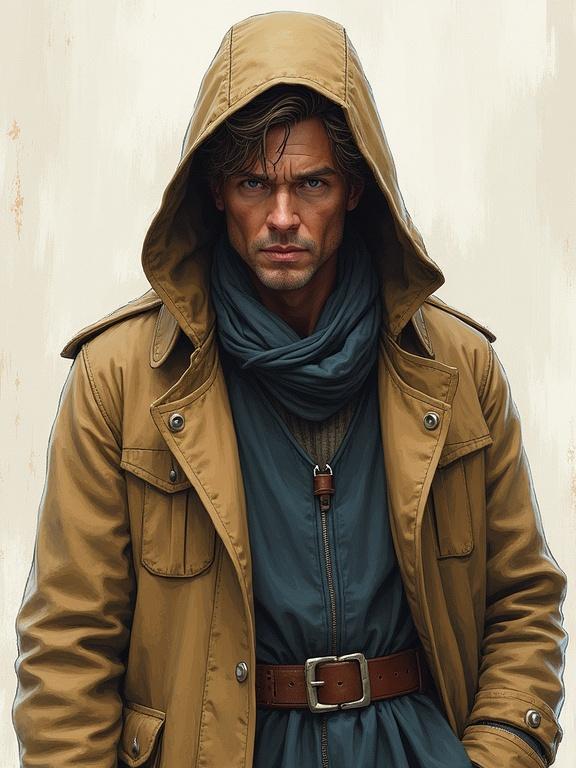 2.5D pen sketch of medieval investigator in comfortable raincoat. Intense expression highlighted. Colored pen style used, stylized 3D appearance. Visible pencil strokes enhance texture. Matte shading applied, with non-photorealistic finish. Soft cel shading and lighting create depth. Artistic shading enhances features. Inspired by styles of Arcane and Klaus.