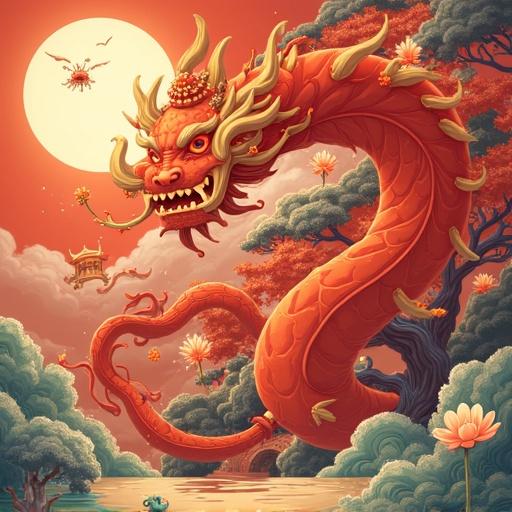 A mythical dragon soaring over a serene landscape. The dragon has an ornate design, adorned with traditional Chinese elements. The background includes trees, lotus flowers, and a large moon. The scene conveys a sense of magic and fantasy. The colors are vibrant and warm, giving an enchanting atmosphere to the artwork.