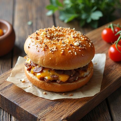 An appetizing burger laid on a wooden board. Golden bun topped with cheese and meat patty. Fresh herbs and cherry tomatoes nearby.