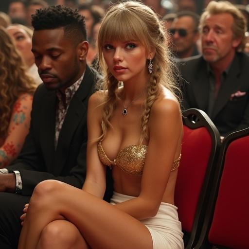 Scene shows young woman with blonde twintails and gold bikini top. She is draped over a man in a black suit. She holds a sign. Other attendees react.