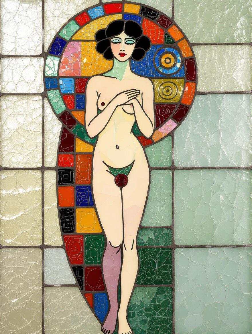 Mosaic artwork featuring an abstract nude female figure. Iridescent ceramic tiles combine with glass to create a colorful composition. Encaustic mixed media techniques used. The piece reflects a blend of modern and classic artistry reminiscent of Klimt's style.
