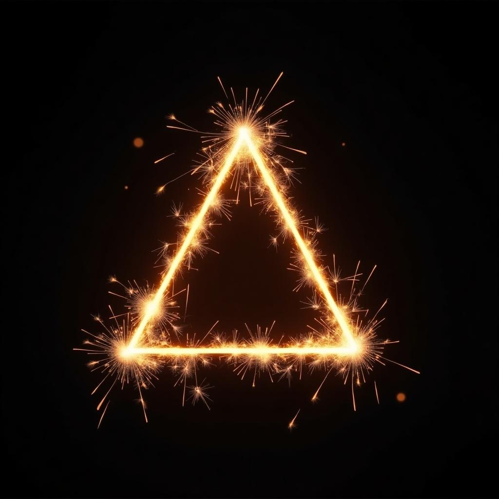 Triangle shaped glowing sparks in a dark background. Sparks resemble the effect of a sparkler. Shape of triangle illuminated with bright glowing light.