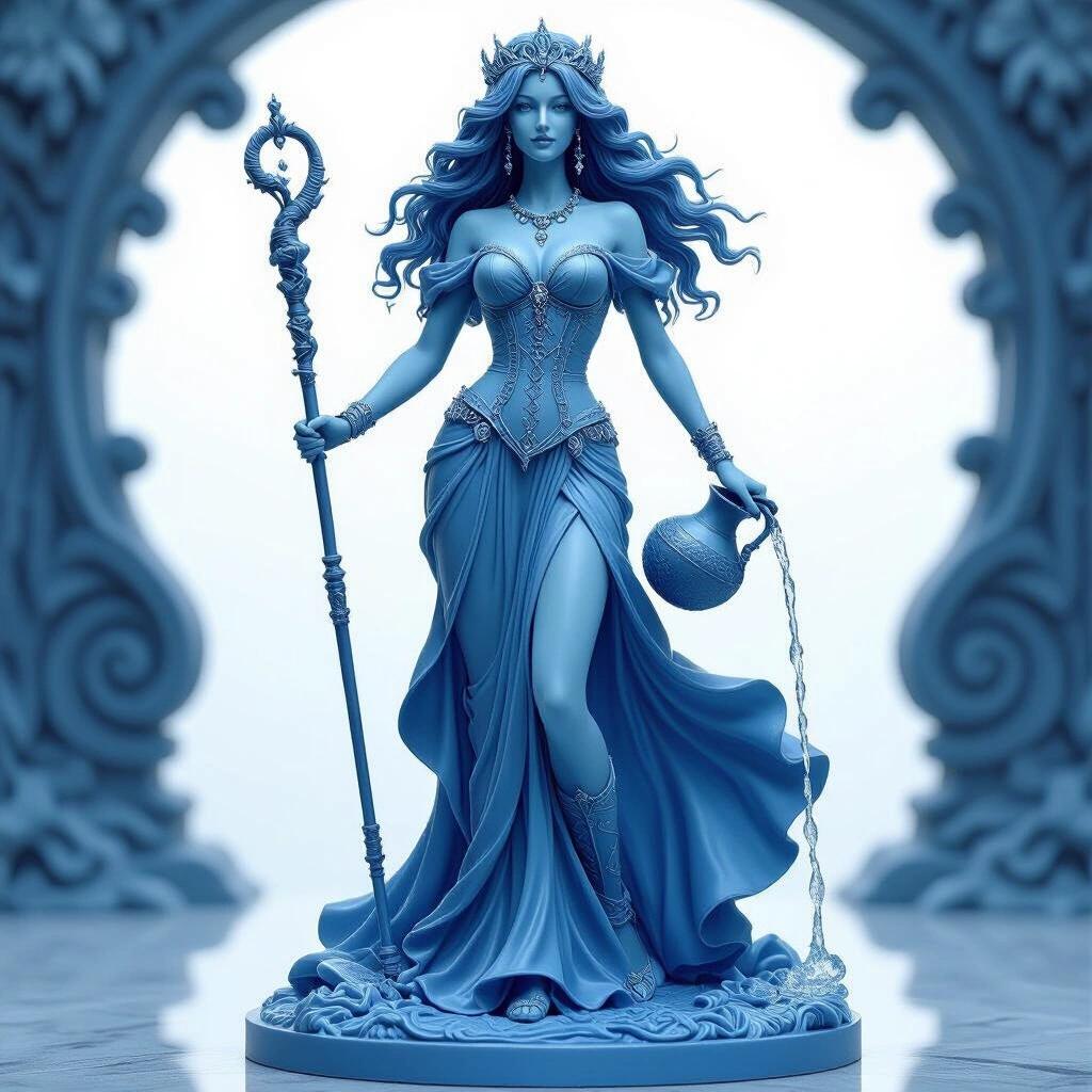 Ultra-detailed resin statue of a celestial queen representing Aquarius. The figure stands on a solid base with long wavy hair in blue tones. She wears a tight corset and a flowing dress. A water jug rests on her hip pouring water down. A magic staff touches the ground. The posture is curvaceous and seductive, radiating power. Features a mystical and elegant style. Designed to be 3D printable with all elements fully connected.