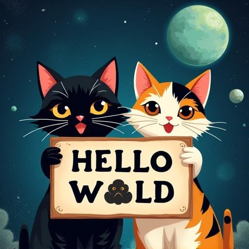 Two cats are present. One is black, and the other is calico. They hold a sign stating Hello World in fancy text. The background features a deep space scenery with a blue planet and a green moon.