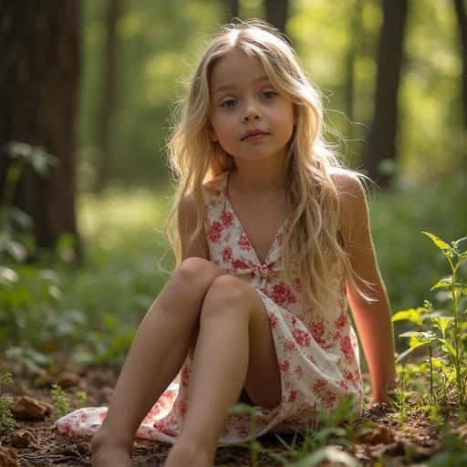 A child with a calm expression sits in a forest. The child wears a floral dress. Long blonde hair glistens in sunlight. The child is barefoot and has makeup on.