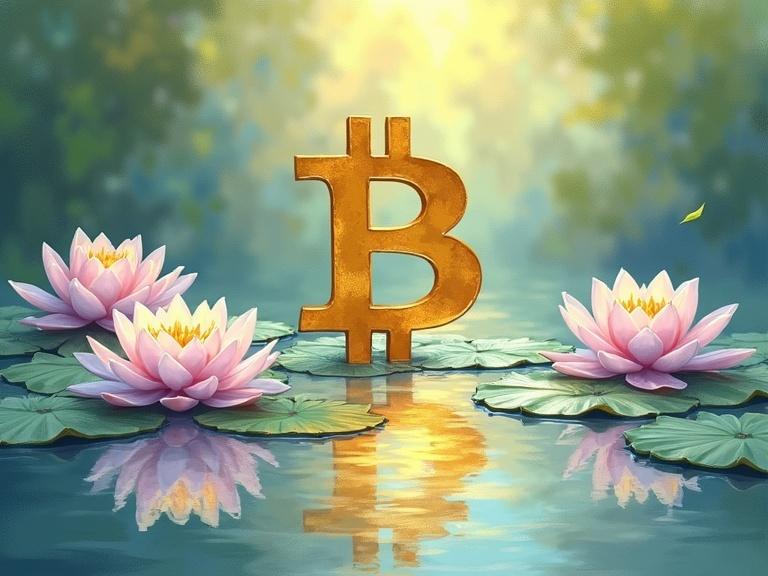 Soft impressionist design featuring Bitcoin symbol reflected in a pond. Surround with water lilies and dappled sunlight. Use pastel tones like lavender green soft blue and golden yellow. Blend brush strokes into a peaceful ambiance representing growth of crypto.