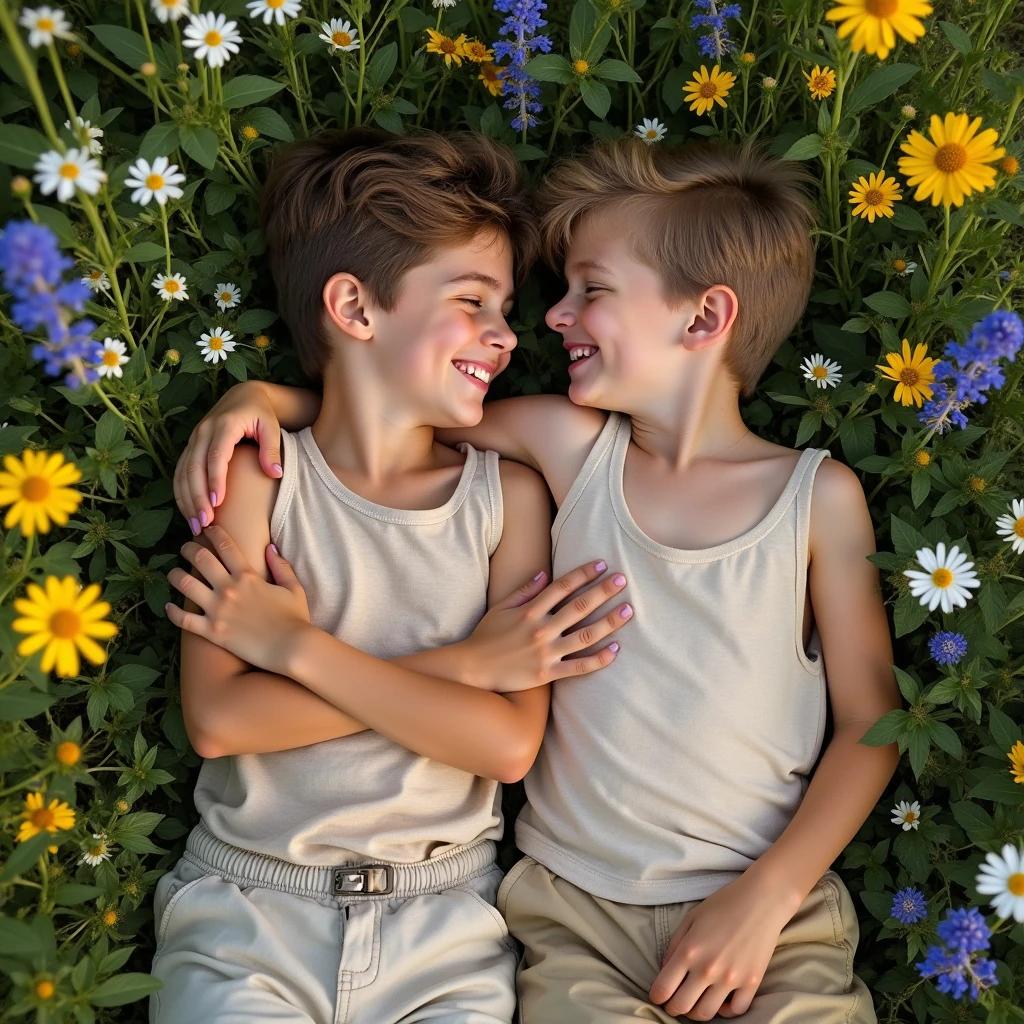 Two young teen boys lie in a clearing. They wear light earth tone tank tops and shorts. Wildflowers in yellow blue and white surround them. One boy is on his side. His hand rests on the other boy's chest. They smile at each other.