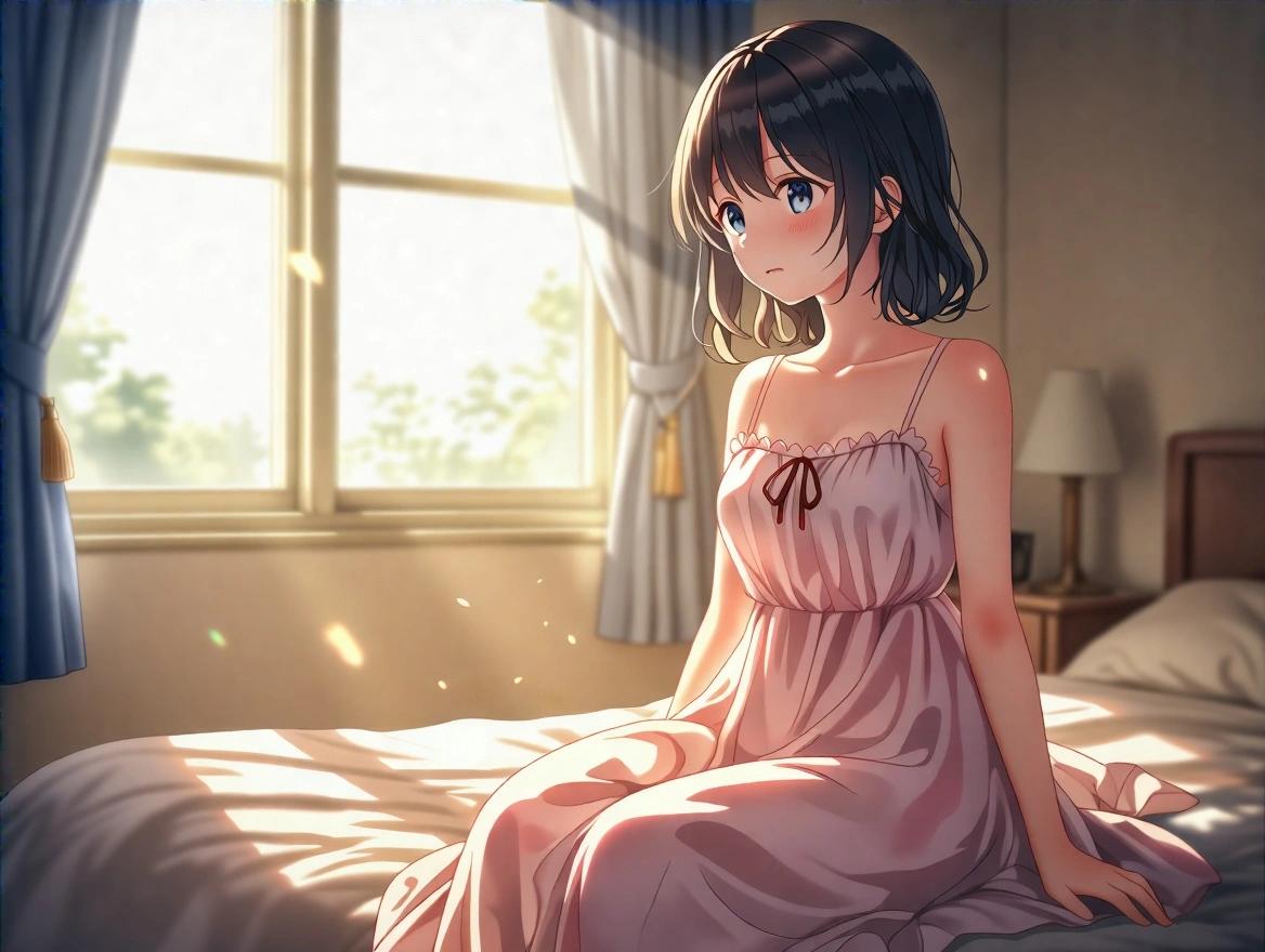 Illustration of a girl in a pretty dress sitting on a bed in a bedroom. The scene features soft cinematic lighting from the window and a relaxed atmosphere.