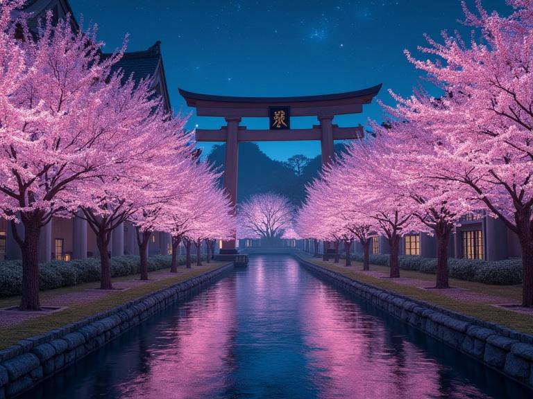 A tranquil scene of a Japanese garden at night adorned with cherry blossoms. A canal reflects the blossoms and a torii gate.
