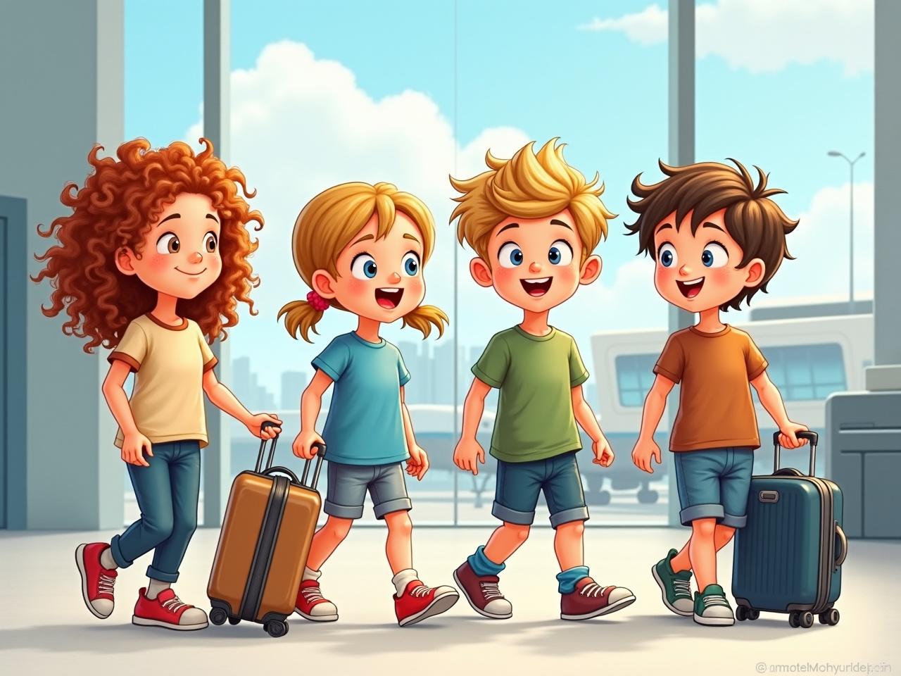 Four cheerful children walking together in an airport with suitcases.