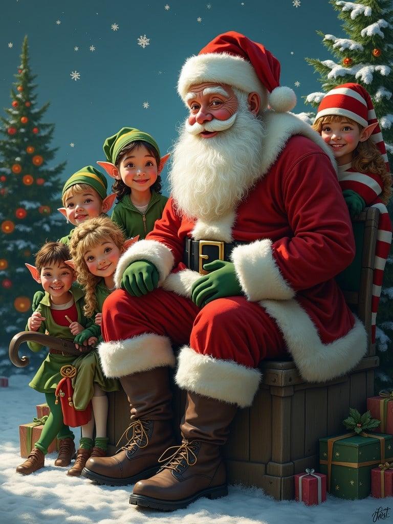 Santa Claus in a red suit with white fur trim. Group of cheerful elves in green and red attire. Snowy winter setting with decorated Christmas trees. Cozy atmosphere celebrating the holiday season.