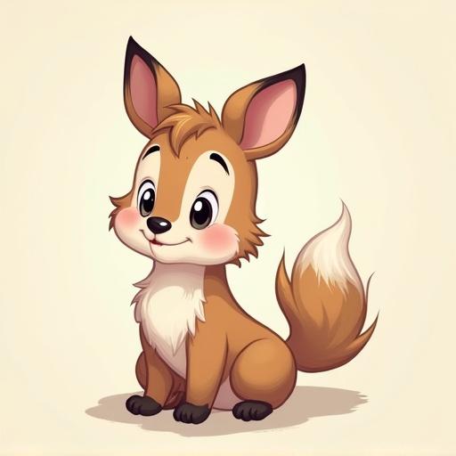 Cartoon-style fox character with vibrant colors. Character has oversized ears and a fluffy tail. The design captures a playful and lighthearted essence with soft features. The edges blend into background softly, and the artwork has a whimsical, animated feel.