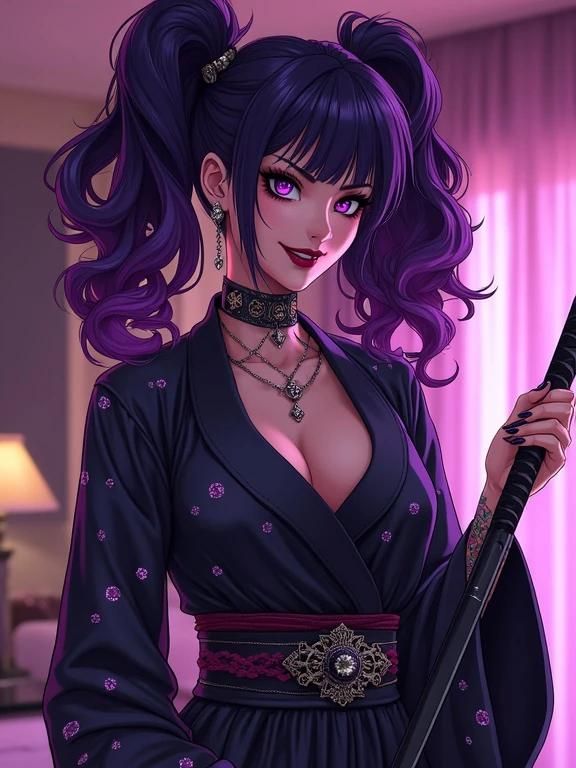 Anime theme woman in a luxurious hotel suite. She has amethyst purple eyes and curly pigtails. Dressed in a black hole society ninja assassin kimono. Elegant design with amethyst diamond jewelry. Holding an energy powered katana. Muscular build with visible tattoos. Night setting with warm colors.