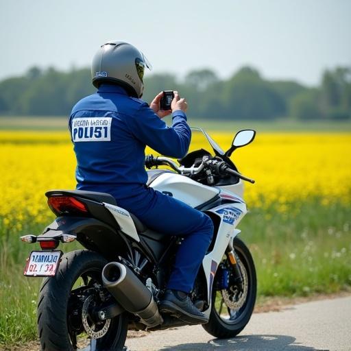 Police officer on a Yamaha motorbike is taking a photo of a flower field. The motorbike is predominantly white with a blue stripe. The officer is dressed in a blue police onesie. The image is taken from the back view.