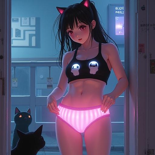 Image of a 20-year-old pure-blooded Japanese woman. She has a slim body and is wearing a gym uniform with Q-taro the Ghost. A black cat is present in the background. The lighting is dramatic, and the colors are vibrant. The composition is dynamic with detailed features.