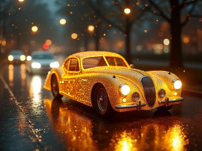 A sparkling vintage gold car in the street on a rainy night. The car is illuminated and surrounded by street lights. The rain creates reflections on the pavement.
