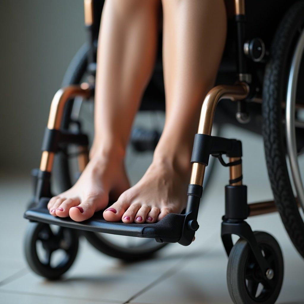 Woman in a sport wheelchair. Feet are bare on footrest. High resolution of feet in pantyhose.