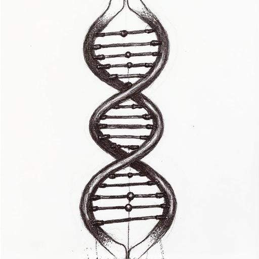 Line drawing of a DNA double helix. Shows spiral structure. Depicts base pairs in the middle. Made with a black pencil on a white background. Simple and clear design.