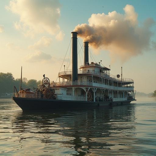 Mississippi river scene featuring a majestic steamboat with a paddle wheel. Trade activities visible on the riverbank. Emphasis on the historical significance and culture of the area.