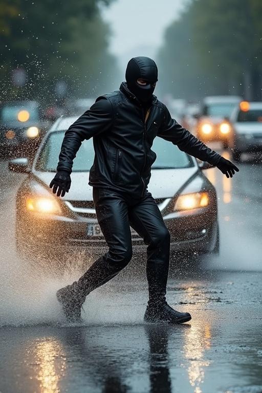 A man in black leather costume walks on a rainy street. A car passes him splashing water. The scene conveys a sense of urgency and suspense.