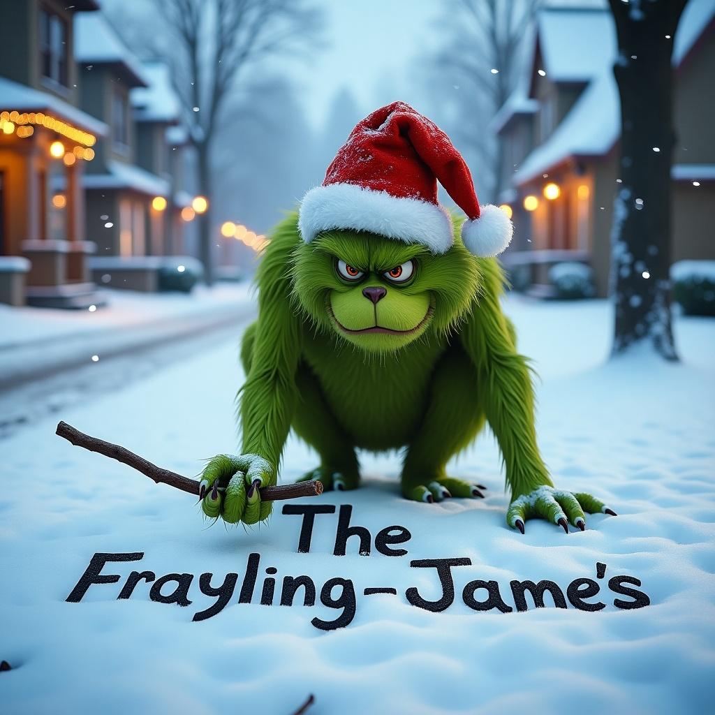 Realistic winter scene featuring the Grinch in a snowy landscape. The Grinch wears a Santa hat and has a grumpy expression. He crouches, using a stick to write The Frayling-James's in the snow. Snowflakes gently fall around him. Snow-covered roads and houses with festive lights are in the background.