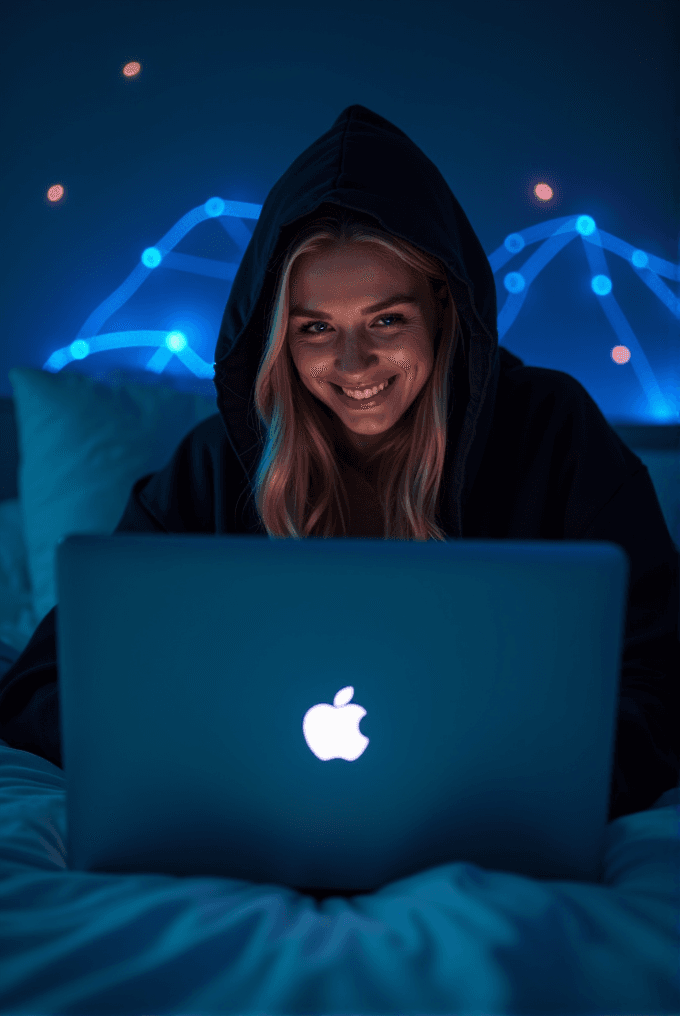 A woman wearing a hooded sweatshirt smiles at a glowing laptop in a dimly lit room with blue LED lights creating connected arcs in the background.