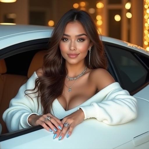Young woman with long brown hair poses in stylish white Lamborghini. She wears a white sweater and flared leggings, showcasing light blue nails and rings. A necklace features the name 'Kayli'. She smiles with cute eyes against a background of golden light.