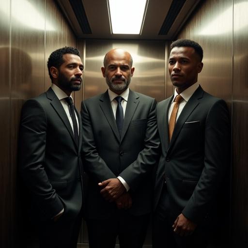 Group of Indian men dressed in formal suits standing in an elevator. The elevator interior is sleek with a warm light. The focus is on the three men poised and confident.