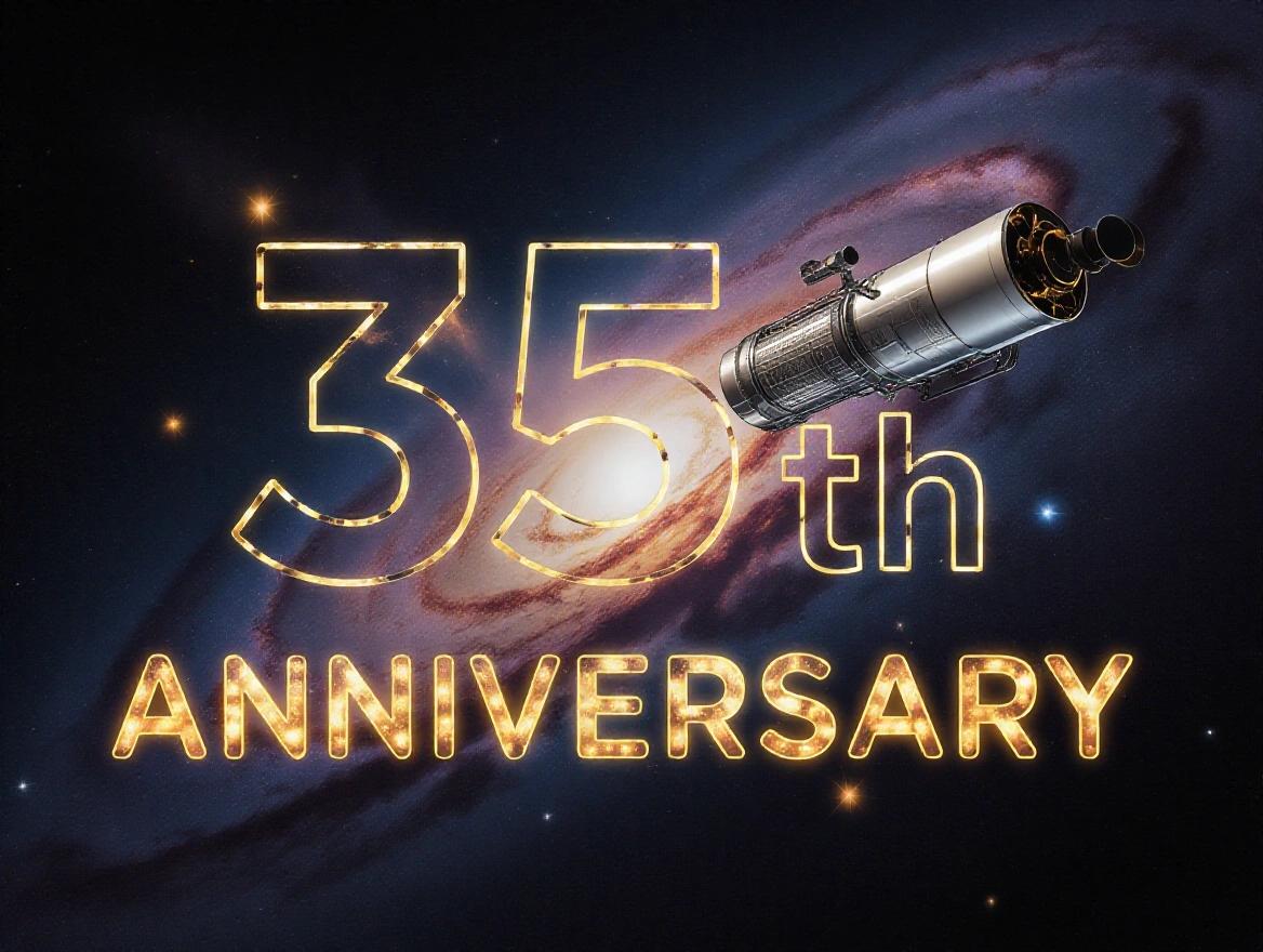 Hubble Space Telescope in space with glowing text celebrating 35th anniversary. Background includes nebula and stars. Realistic style.