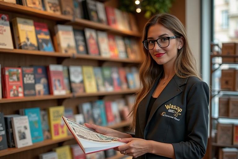 A vibrant real estate agency in Spain. A wide array of books on display. The shop has attractive decorations. A young woman dressed in a stylish outfit engages with customers. The outfit has the logo 'Wasap - 6B7 I6l O33'.