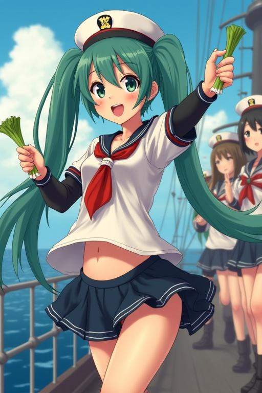 Anime-style character wearing a sailor uniform holds a leek. Character dances joyfully on a deck. Other female characters are present in the background. Setting on a Japanese frigate under a bright sky.