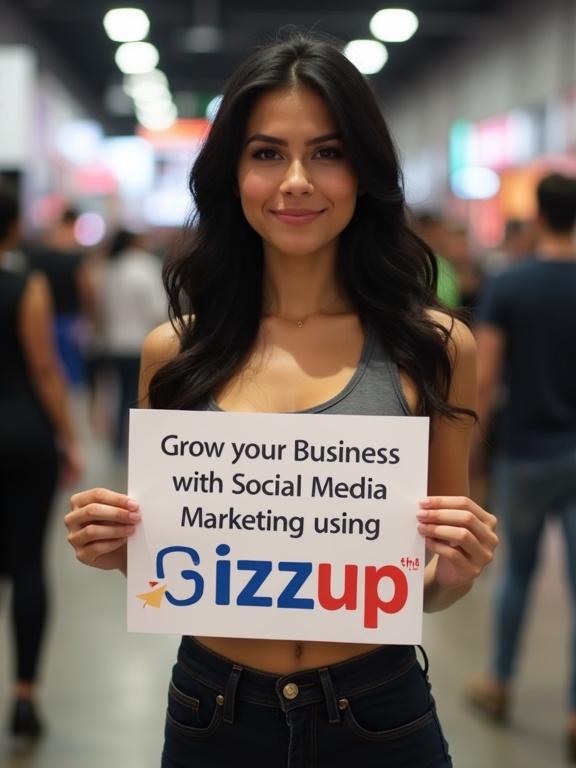 Young woman with a fit body holds a sign promoting social media marketing. Crowded space in the background, focusing on her and the sign.