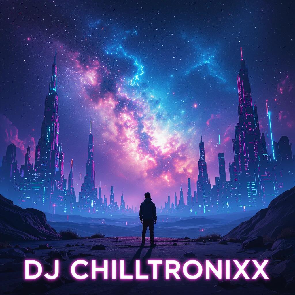 Artistic album cover featuring a silhouette under a nebula sky. Neon megastructures rise in the background. Captivating colors create an immersive atmosphere. Text DJ Chilltronixx prominently displayed in a modern font.
