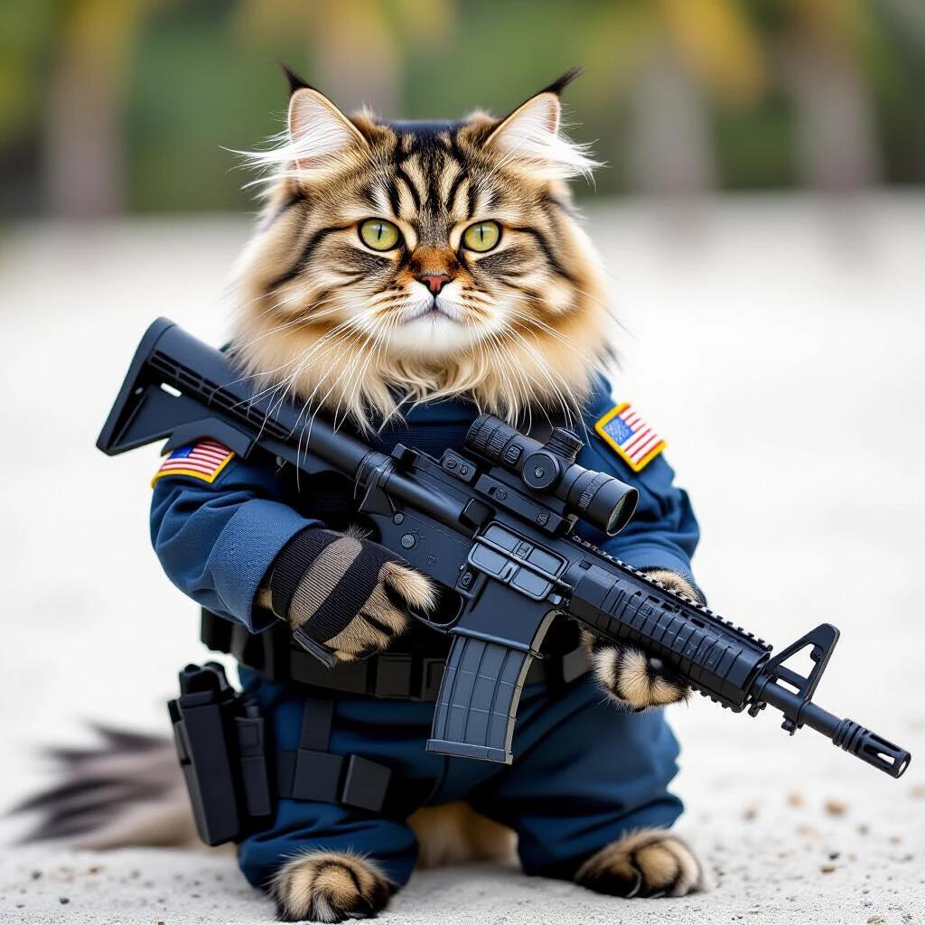 Image features a Persian cat outdoors. The cat is dressed in a Navy SEAL suit and holding a new SEAL model gun. The setting resembles a war photography scene.