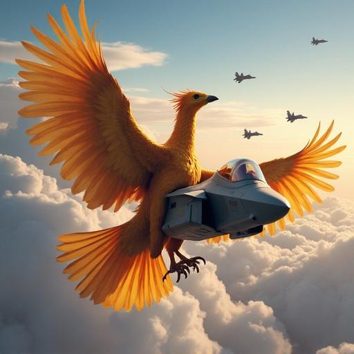 Majestic golden phoenix in the sky holding an F-35 fighter jet. Several F-35 and F-16 jets flying around. Bright blue sky with clouds. Emphasizes aviation and fantasy elements.