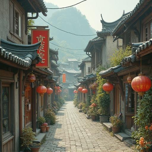 Image features a traditional street scene in an Asian village. Cobblestone path with shops on either side. Red lanterns hang from the eaves. Natural light illuminates the alley. Mountains visible in the background. Verdant trees enhance the peaceful atmosphere.