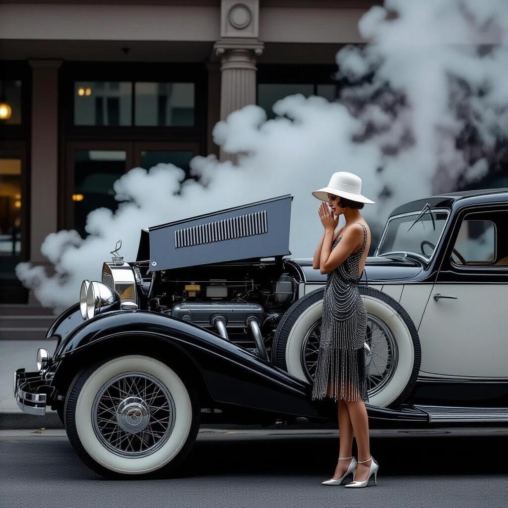 Photorealistic depiction of a woman in Art Deco attire next to a vintage Mercedes-Benz. She leans on the left-side fender with her palms on her cheeks, looking worriedly at the car's open hood revealing a steam-filled engine. The scene captures a comedic expression of despair against a backdrop of a misty mountain pass.