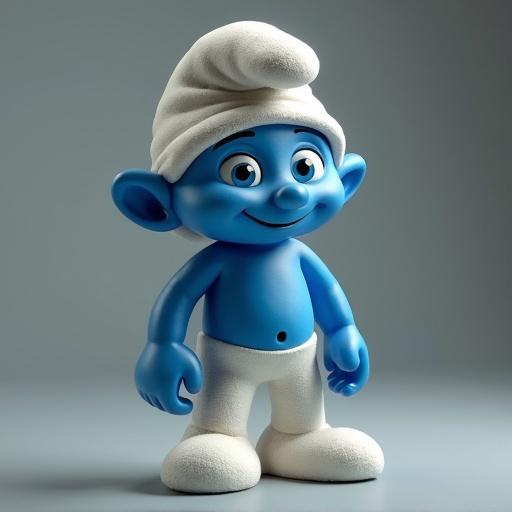 Cartoon character representation of a Smurf with a slender appearance. The character has a cute smile and a playful posture. Skin is blue with a towel on the head. Outfit appears simple and child-friendly.